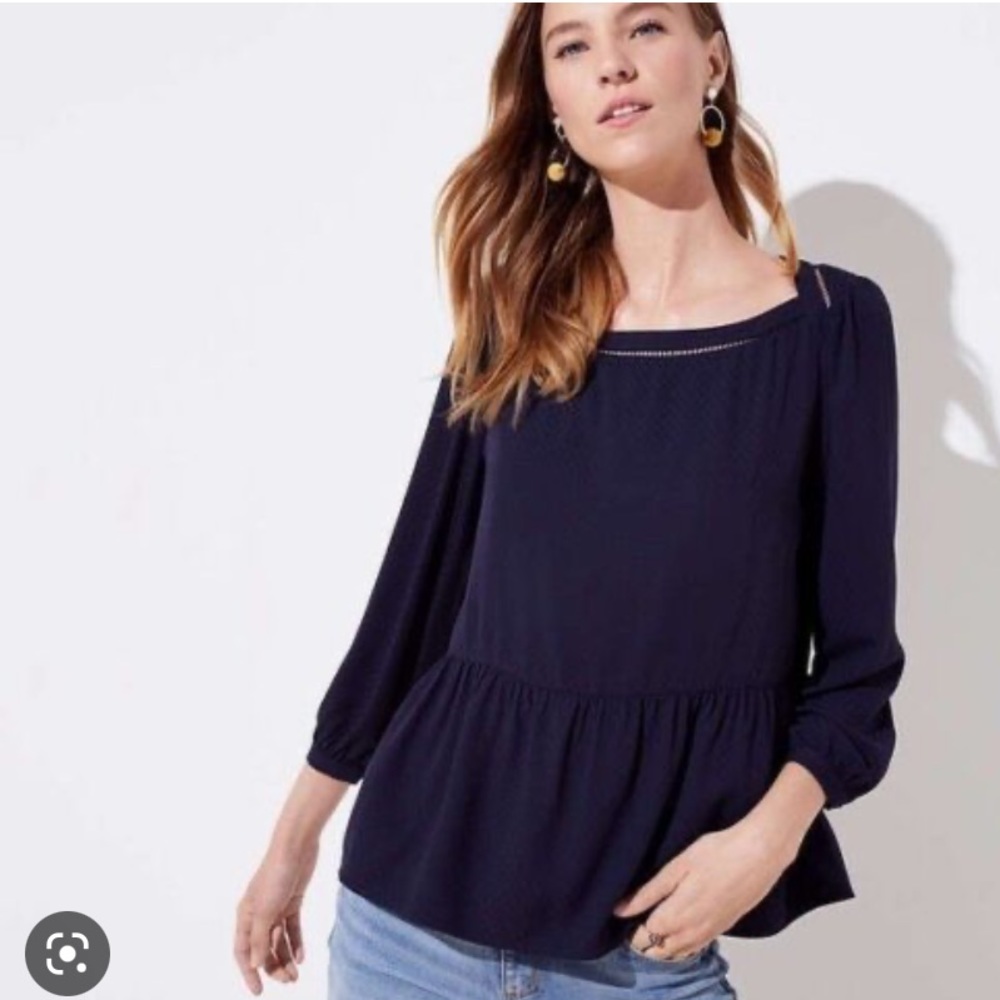 Loft Plus Size Navy Blue Jacquard Cutout Peplum Blouse